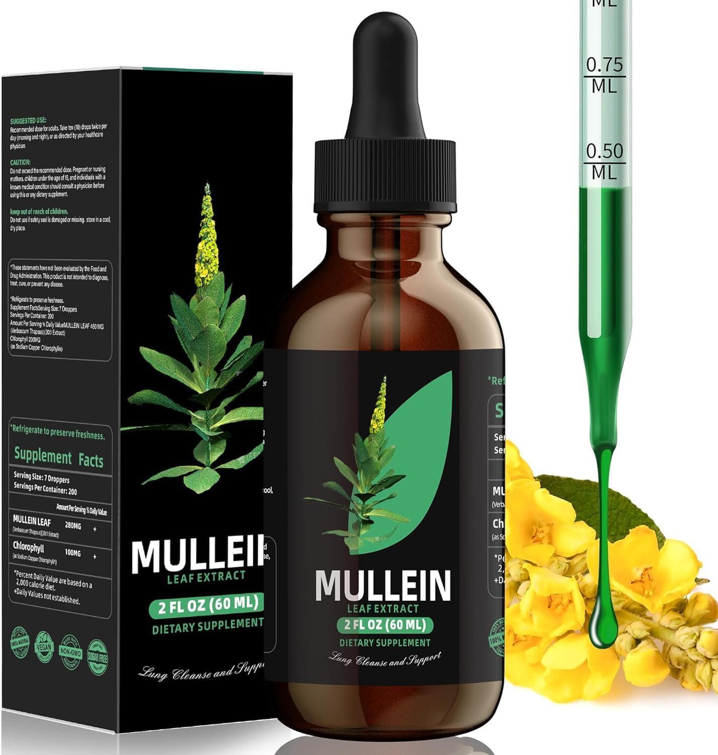 Chlorophyll & Mullein Leaf Extract Tincture Drops - Lung Cleanse for Healthy Breathing - Non-GMO Vegetarian Supplement - 30-Day Supply