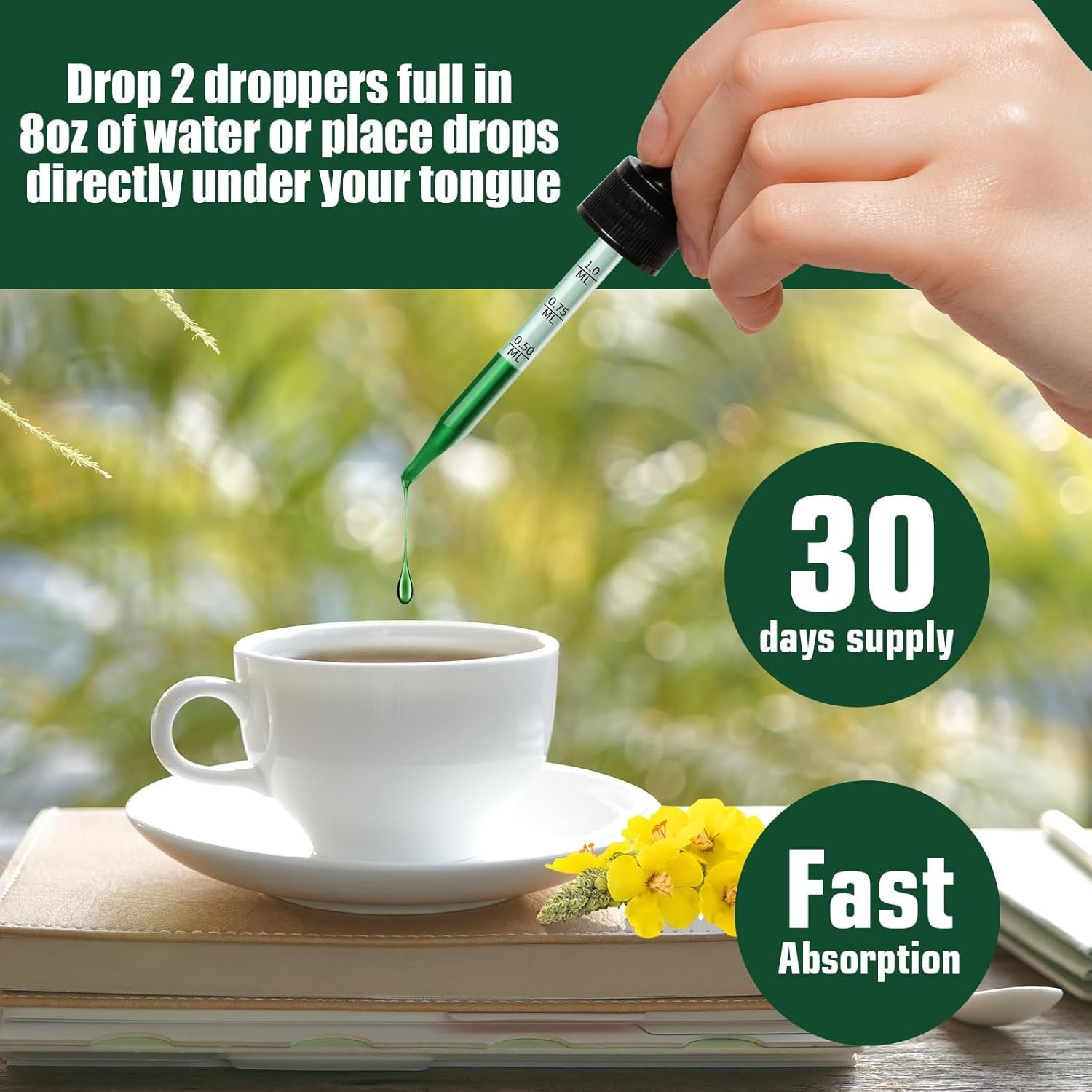 Chlorophyll & Mullein Leaf Extract Tincture Drops - Lung Cleanse for Healthy Breathing - Non-GMO Vegetarian Supplement - 30-Day Supply