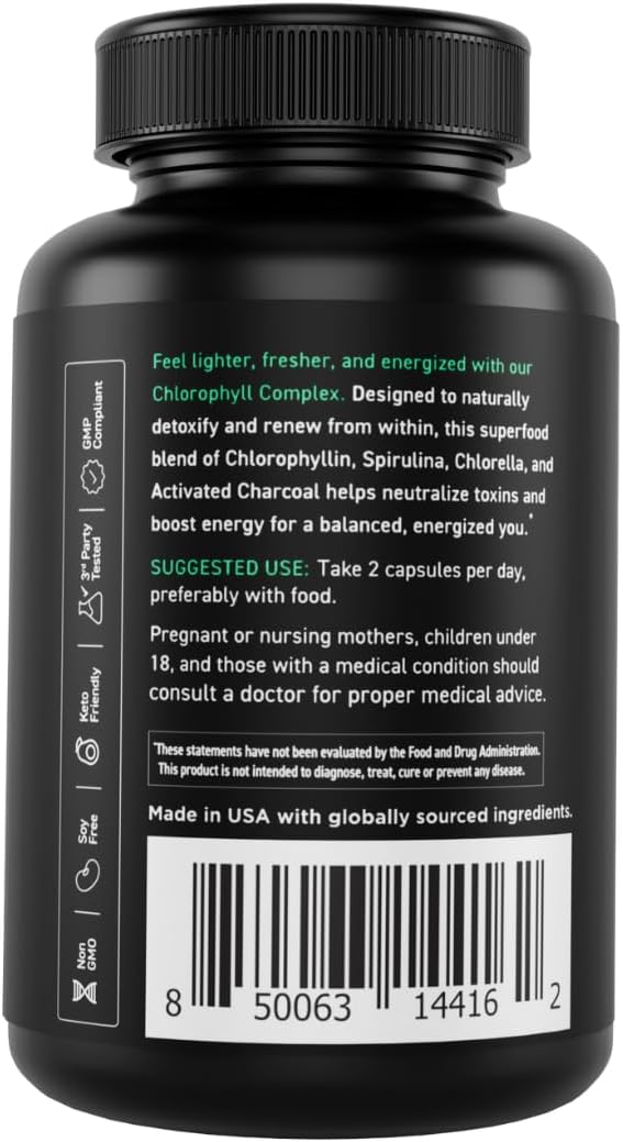 Chlorophyll Pills with Spirulina, Chlorella, Parsley, & Mint - Body Deodorizing Supplement - Natural Odor Defense - 60 Capsules for Women & Men