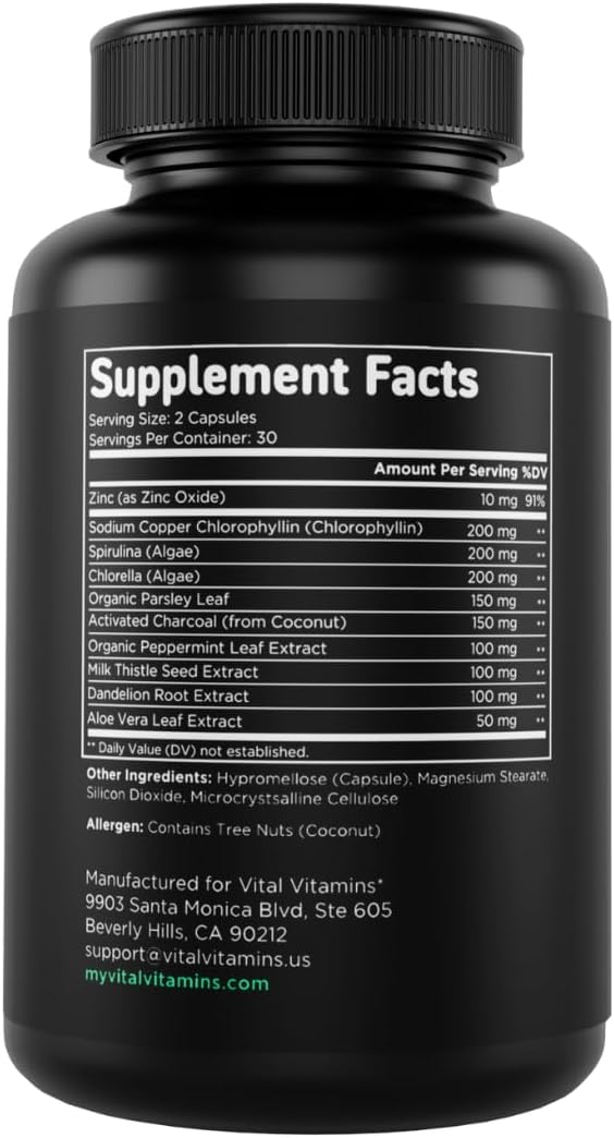 Chlorophyll Pills with Spirulina, Chlorella, Parsley, & Mint - Body Deodorizing Supplement - Natural Odor Defense - 60 Capsules for Women & Men