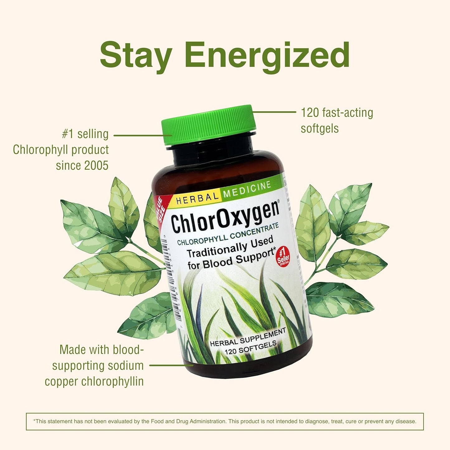 ChlorOxygen Chlorophyll Concentrate Softgels for Healthy Blood Circulation, High-Altitude & Energy Support - 120 Servings