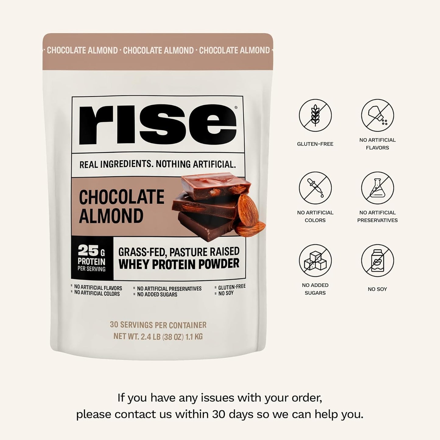 Chocolate Almond Grass-Fed Whey Protein Powder - 25g Protein, No Artificial Ingredients, Sugar-Free, Gluten-Free, Soy-Free - Single Serving