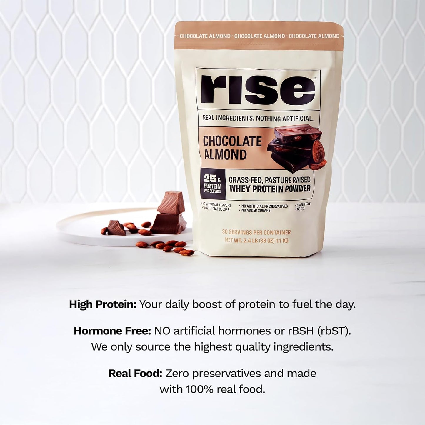 Chocolate Almond Grass-Fed Whey Protein Powder - 25g Protein, No Artificial Ingredients, Sugar-Free, Gluten-Free, Soy-Free - Single Serving