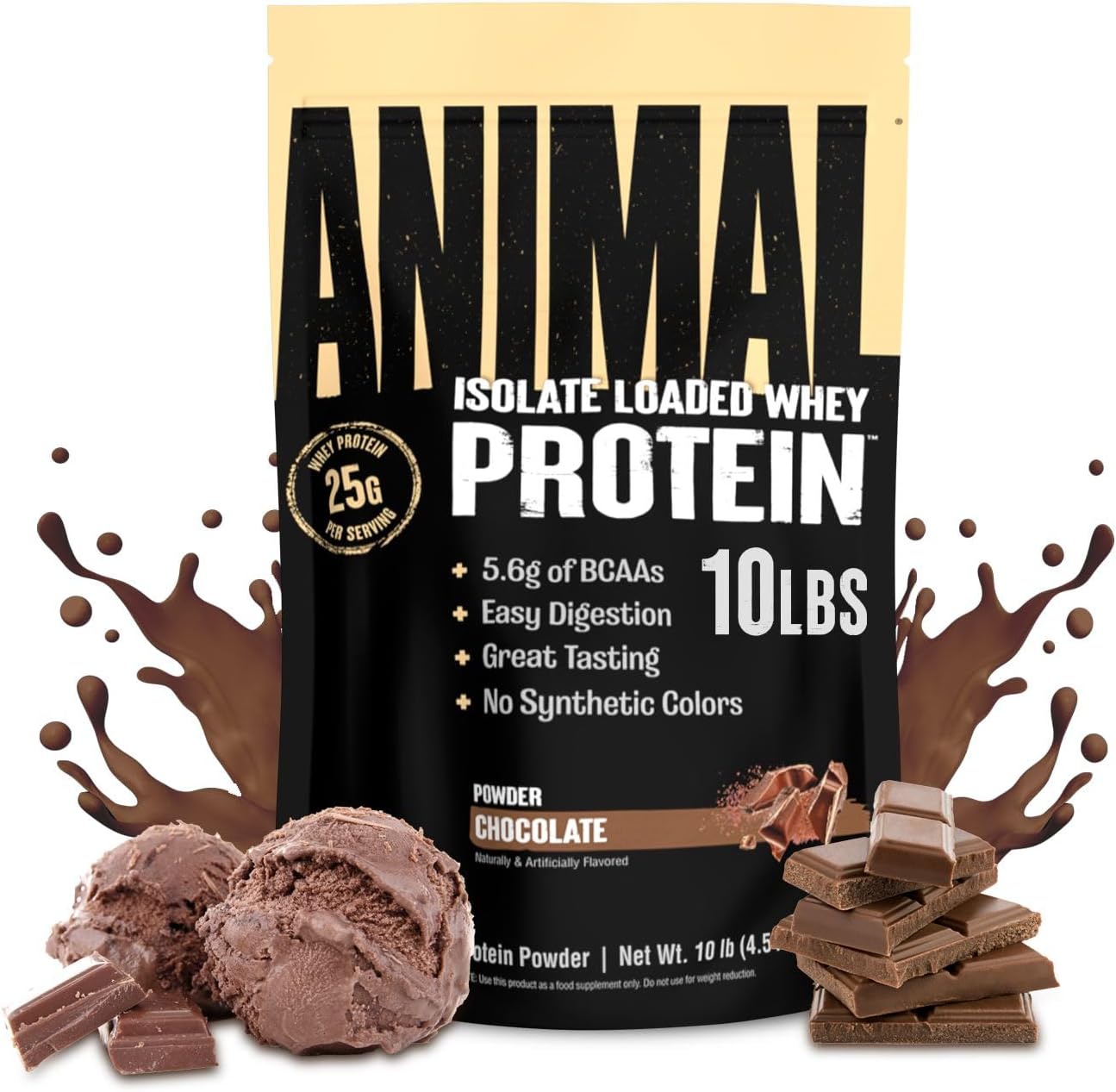 Chocolate Animal Whey Isolate Protein Powder - 25g Protein for Muscle Building & Recovery, Digestive Enzymes, Low Sugar - 10 lbs