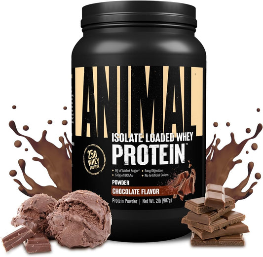 Chocolate Animal Whey Isolate Protein Powder - 25g Protein, Low Sugar, Digestive Enzymes - Ideal for Pre & Post Workout Muscle Building and Recovery - Men & Women Friendly - 2 lbs