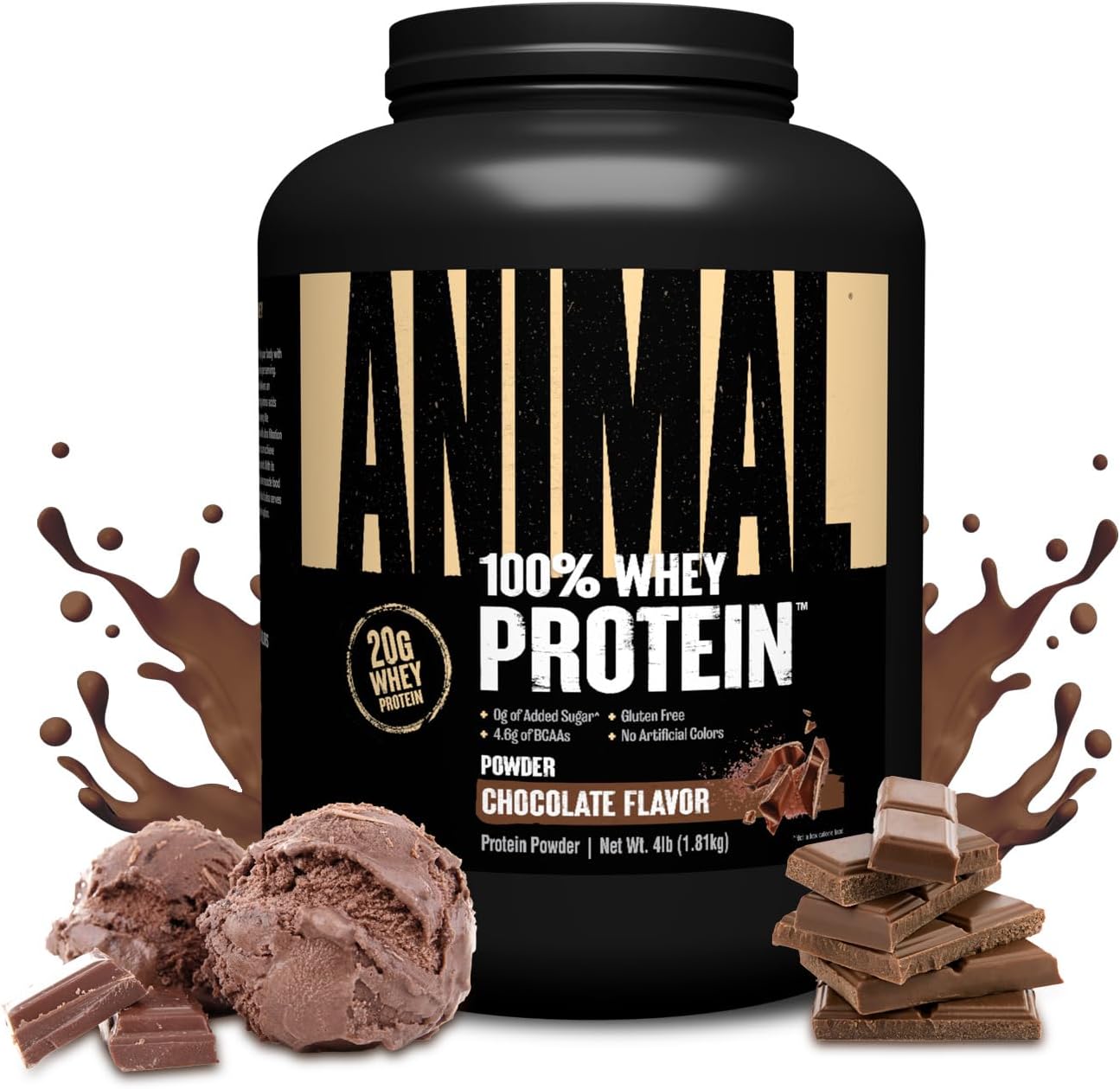 Chocolate Animal Whey Protein Powder: 100% Whey Blend for Pre/Post Workout, Recovery, Low Sugar Meal Replacement with BCAAs - 4 lb