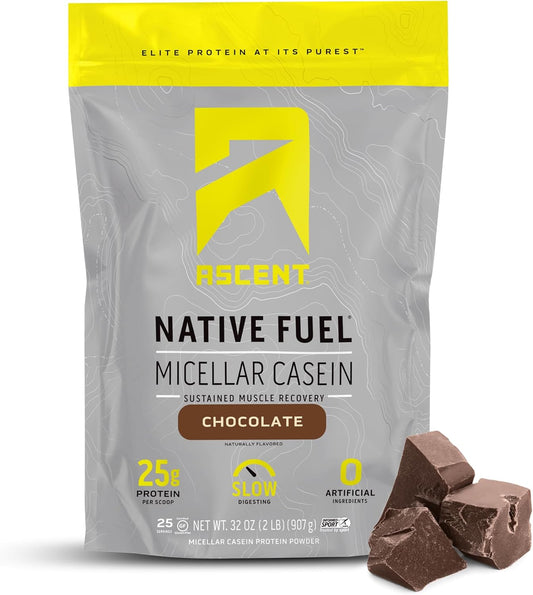 Chocolate Ascent Casein Protein Powder - 25g Micellar Casein with No Artificial Flavors, Gluten-Free, 4.9g BCAA - 2lb