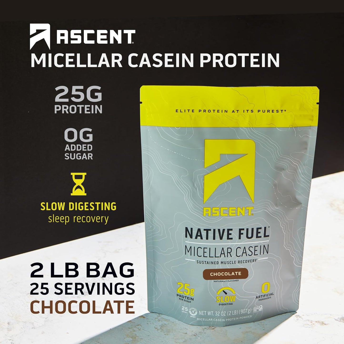 Chocolate Ascent Casein Protein Powder - 25g Micellar Casein with No Artificial Flavors, Gluten-Free, 4.9g BCAA - 2lb