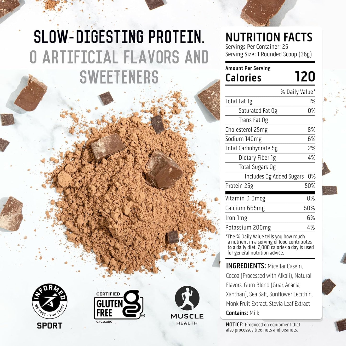 Chocolate Ascent Casein Protein Powder - 25g Micellar Casein with No Artificial Flavors, Gluten-Free, 4.9g BCAA - 2lb