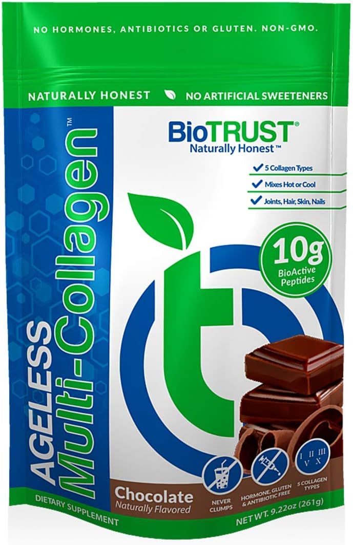 Chocolate BioTrust Ageless Multi Collagen Protein Powder with BlenderBottle - 5-in-1 Bundle