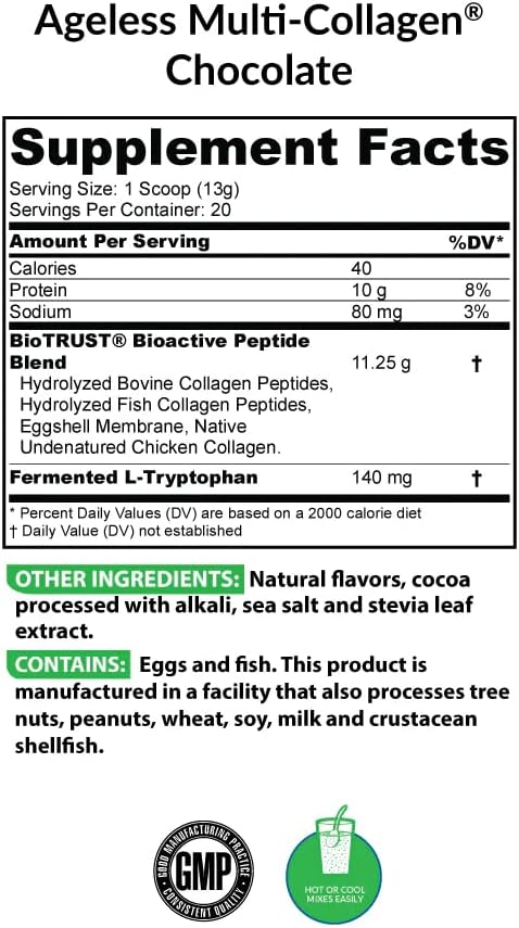 Chocolate BioTrust Ageless Multi Collagen Protein Powder with BlenderBottle - 5-in-1 Bundle