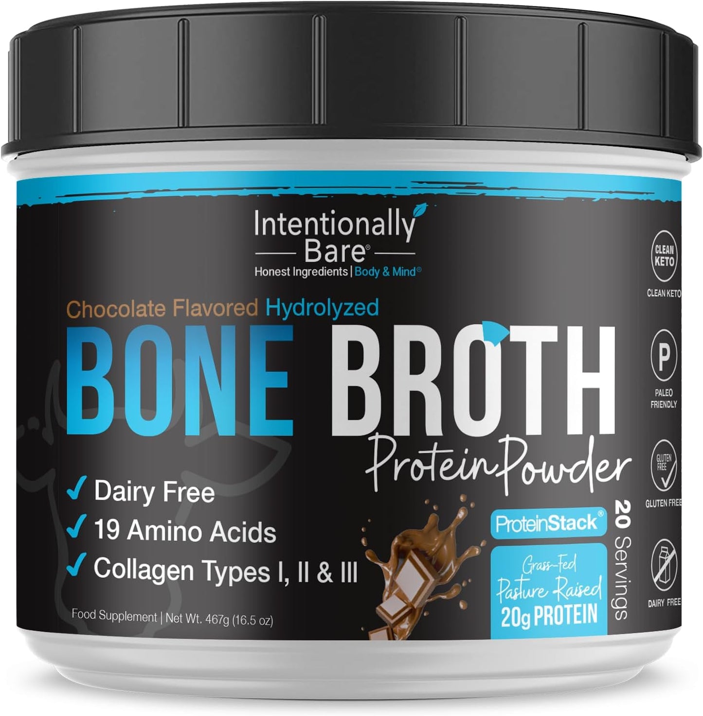 Chocolate Bone Broth Protein Powder with Collagen Peptide - 20g Protein for Skin, Hair, Joints, and Gut - Keto-Friendly - 20 Servings