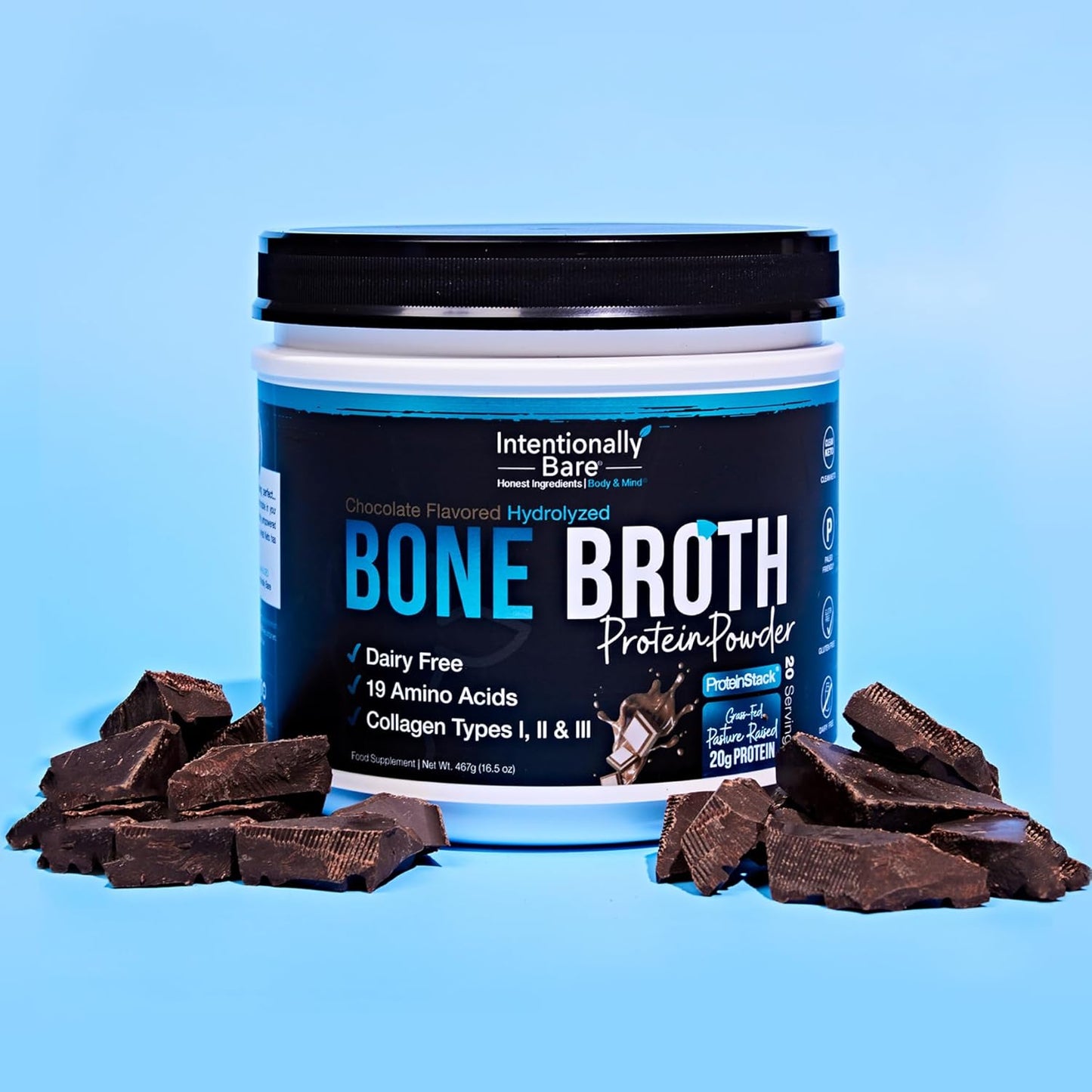 Chocolate Bone Broth Protein Powder with Collagen Peptide - 20g Protein for Skin, Hair, Joints, and Gut - Keto-Friendly - 20 Servings