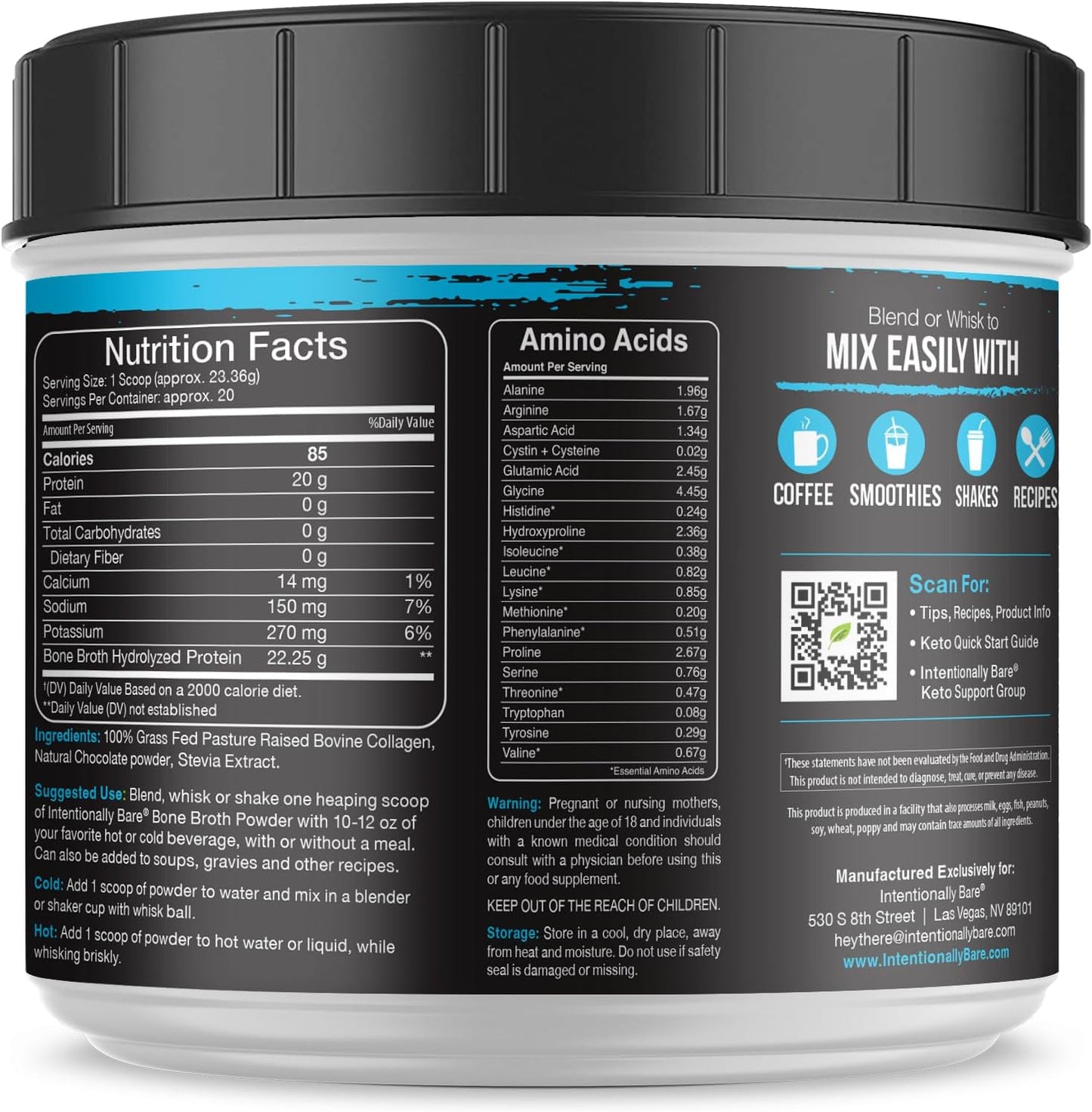 Chocolate Bone Broth Protein Powder with Collagen Peptide - 20g Protein for Skin, Hair, Joints, and Gut - Keto-Friendly - 20 Servings