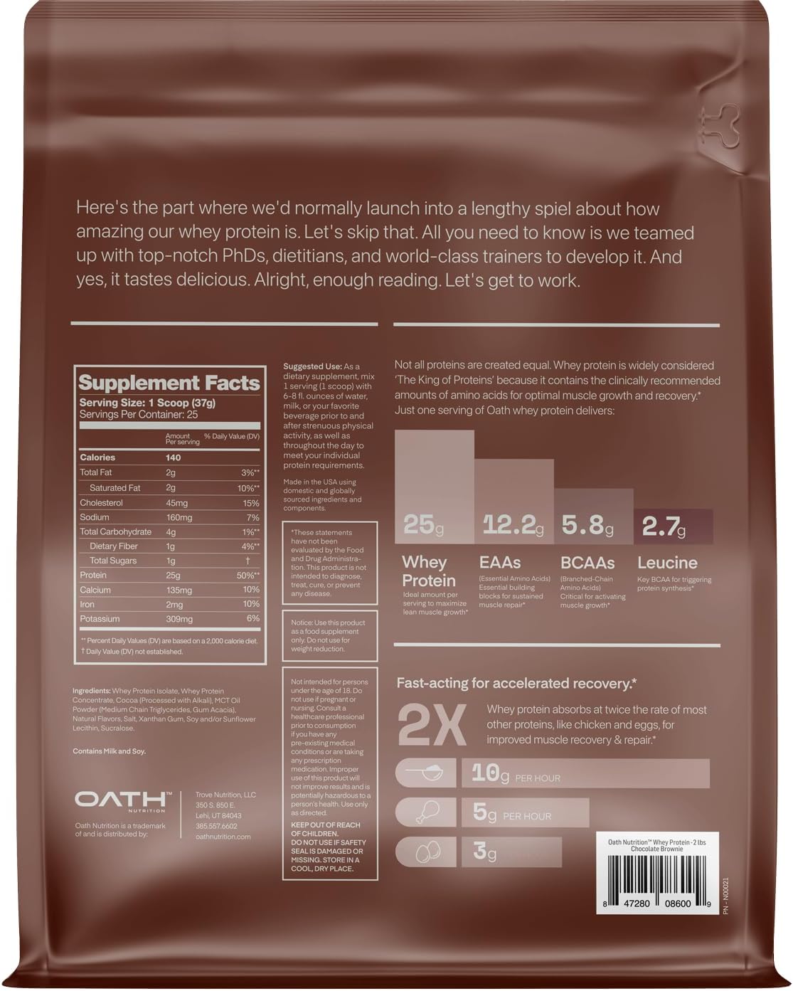 Chocolate Brownie Whey Protein Powder - 25g Protein, 1g Sugar, 2lbs - OATH NUTRITION