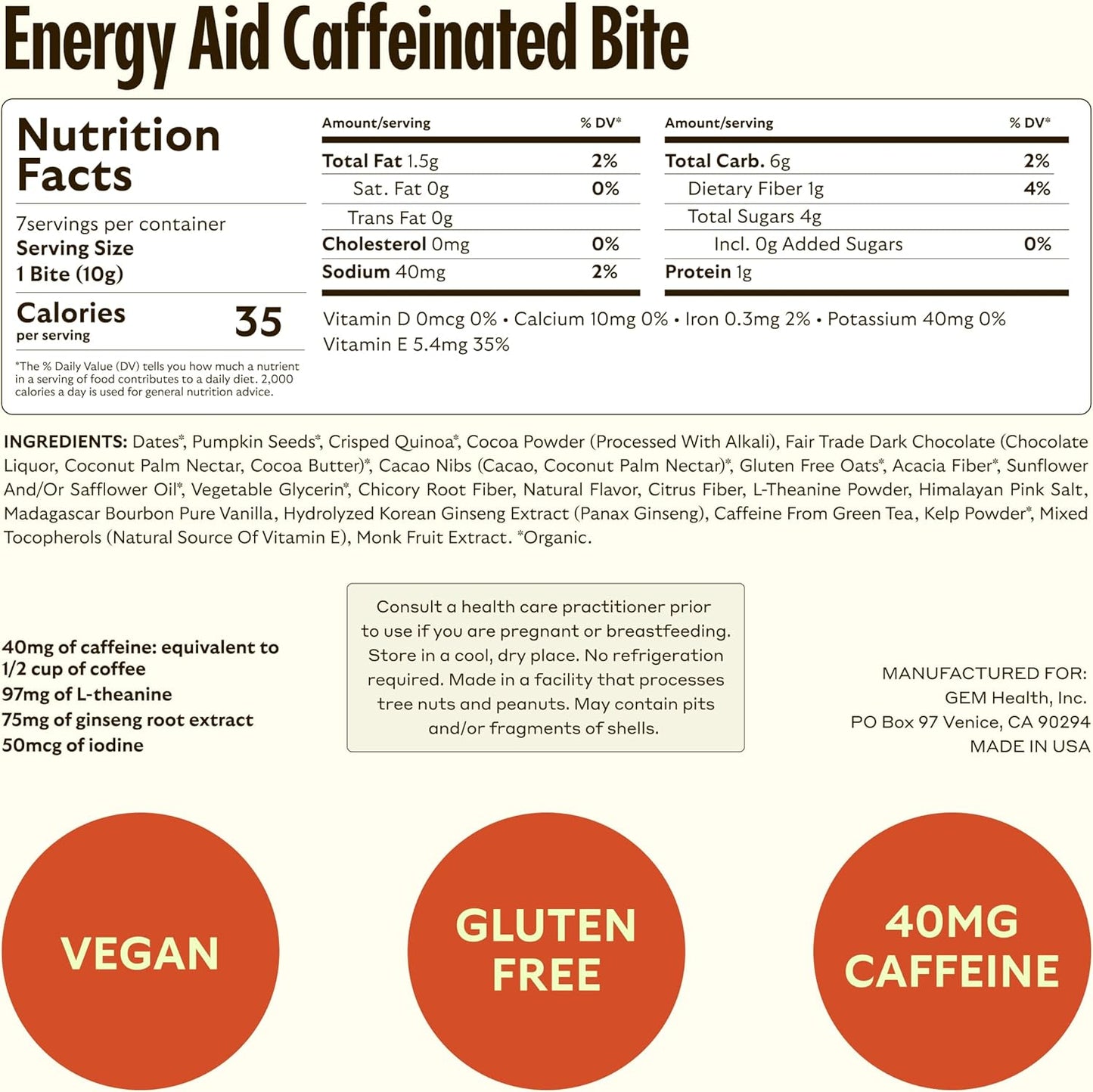 Chocolate Cacao Sea Salt Energy Bites with 40mg Caffeine, Ginseng Root, L-Theanine - Supports Metabolism & Endurance - 28 Servings