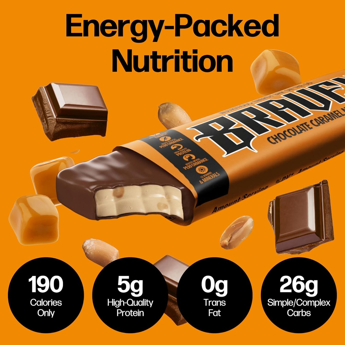Chocolate Caramel Nut Energy Bars - 20 Pack, 1.59 oz Each - 5g Protein Energy Chews - Gluten Free Snacks for Running, Hiking, Sports