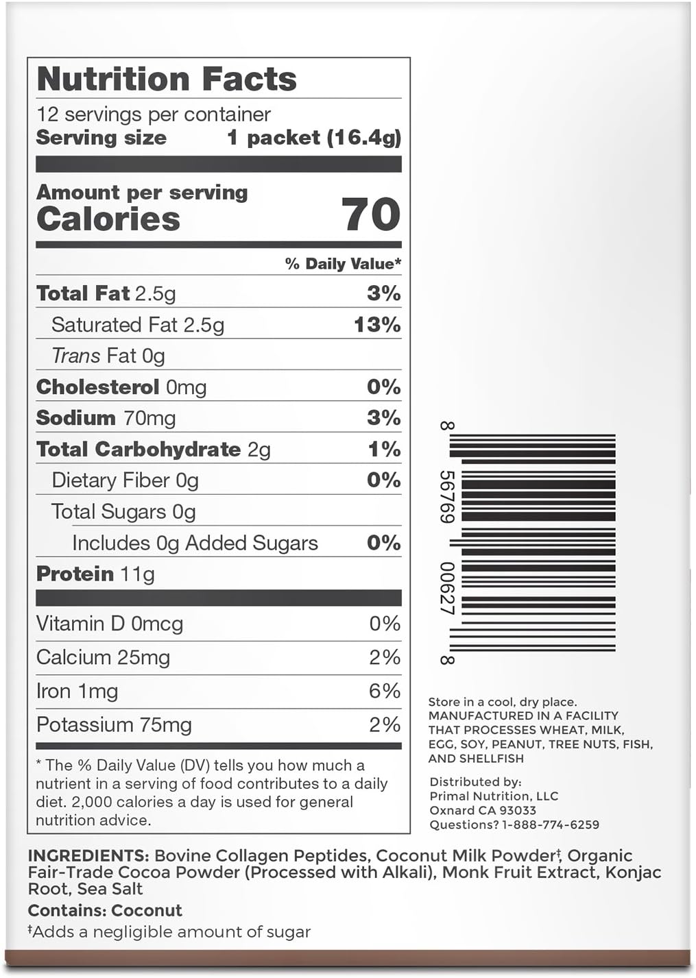 Chocolate Coconut Collagen Peptides Packets - Single Serve Collagen, 20 Packets by Primal Kitchen