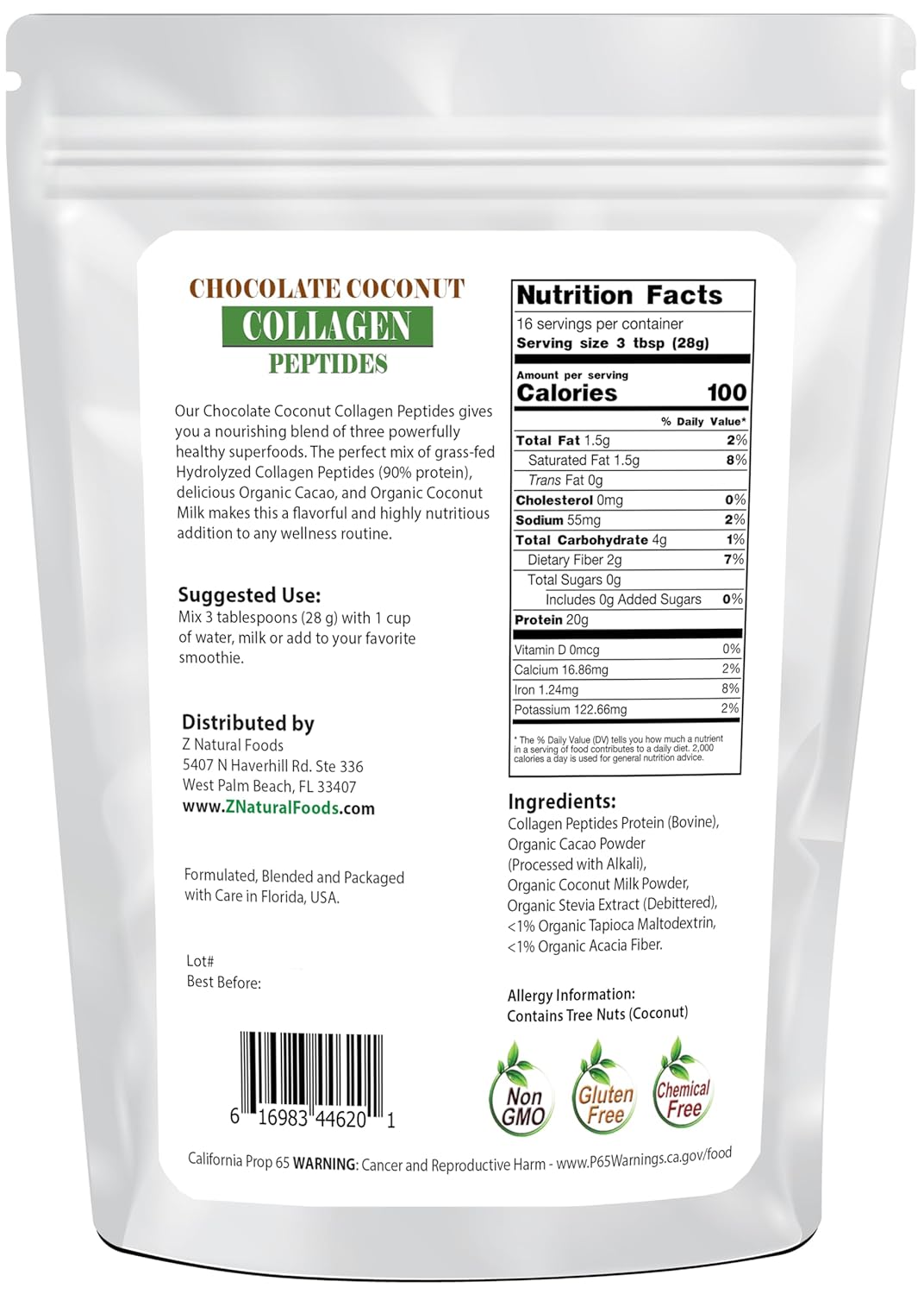 Chocolate Coconut Collagen Peptides Protein Powder, Sugar-Free & Gluten Free, Non-GMO, Kosher - 1 lb.