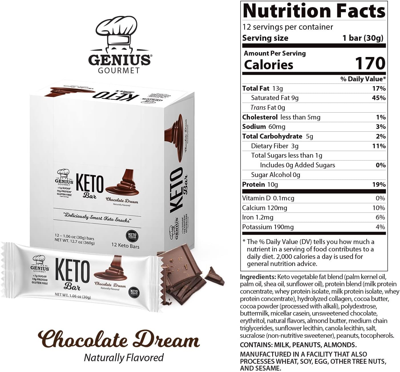 Chocolate Dream Genius Gourmet Keto Protein Bar - Gluten Free, Low Carb, 12 Count Pack with Premium MCTs and Low Sugar