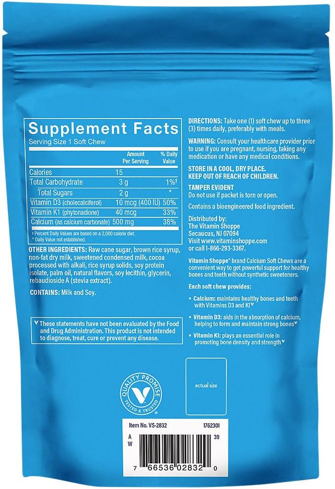 Chocolate Flavored Calcium Chews - 1,000mg with Vitamin K1 & D3 - Supports Bone & Teeth Health - No Artificial Sweeteners - 60 Chews
