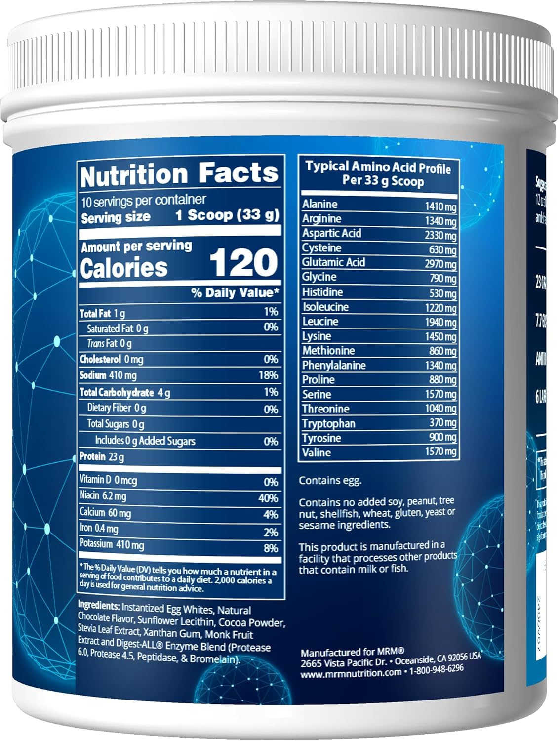 Chocolate Flavored MRM Nutrition Egg White Protein Powder - 23g Protein, Fat-Free, Digestive Enzymes, Clinically Tested - 10 Servings