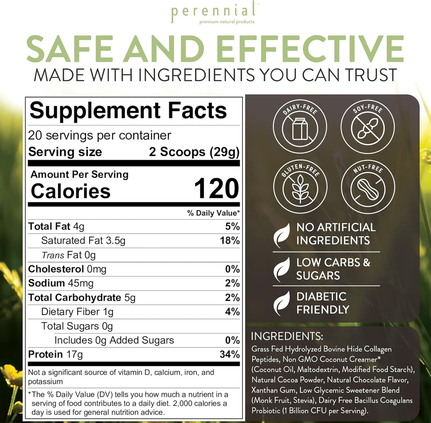Chocolate Flavored Perennial Choice Collagen Protein Powder - Grass-Fed, Dairy-Free, Gluten-Free Formula for Skin, Joints, Muscle Recovery - 17g Protein per Serving - 20.5 oz