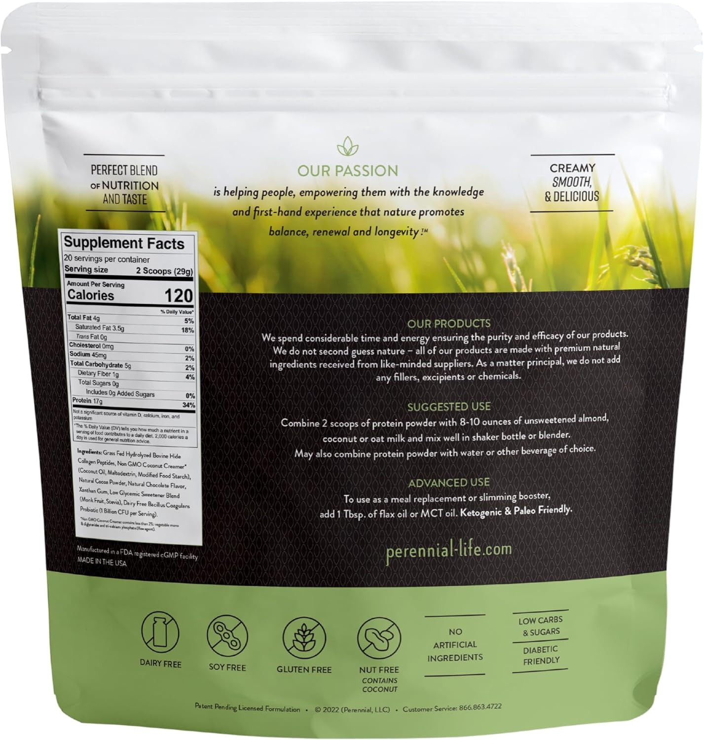Chocolate Flavored Perennial Choice Collagen Protein Powder - Grass-Fed, Dairy-Free, Gluten-Free Formula for Skin, Joints, Muscle Recovery - 17g Protein per Serving - 20.5 oz