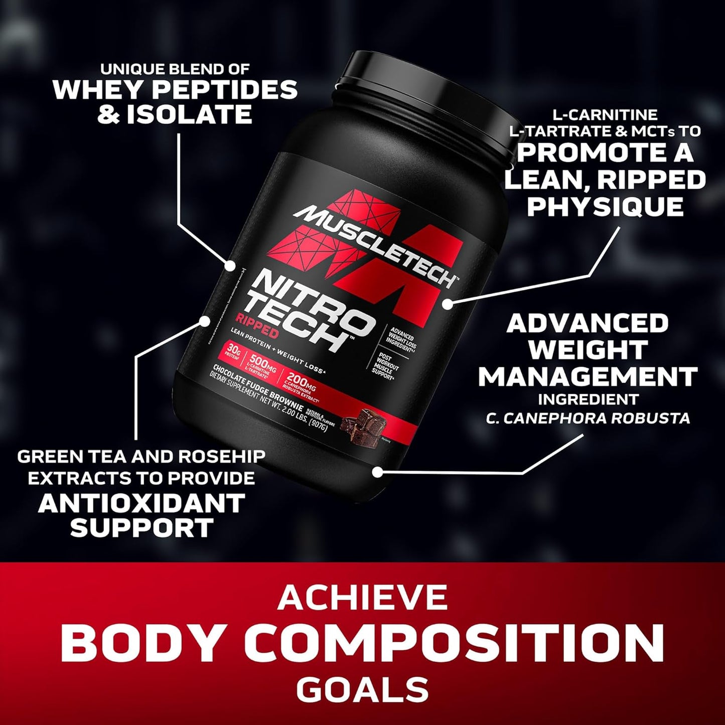 Chocolate Fudge Brownie Muscletech Whey Protein Powder - Nitro-Tech Ripped Isolate & Peptides Smoothie Mix - 30g Protein for Lean Muscle & Recovery