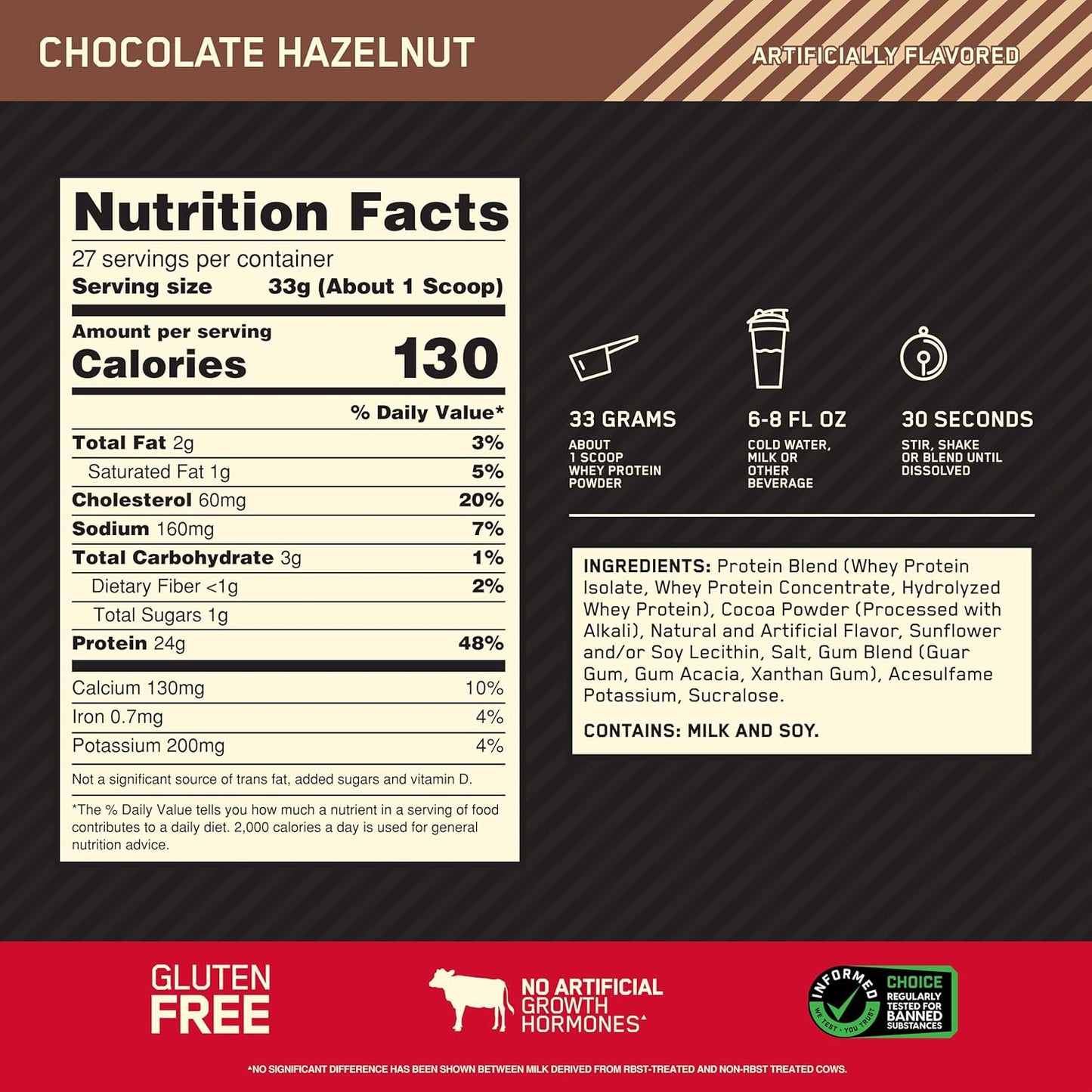Chocolate Hazelnut Optimum Nutrition Gold Standard 100% Whey Protein Powder - 2lb
