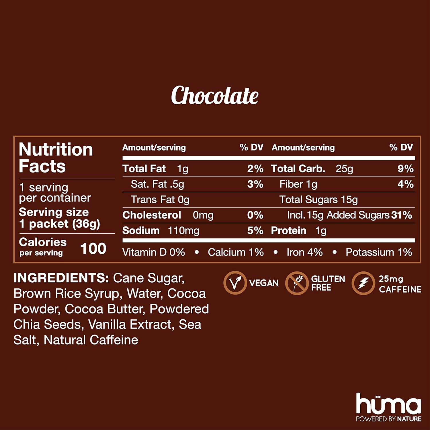 Chocolate Huma Chia Energy Gel - 12 Pack with Caffeine - Ideal Sports Nutrition for Endurance Activities