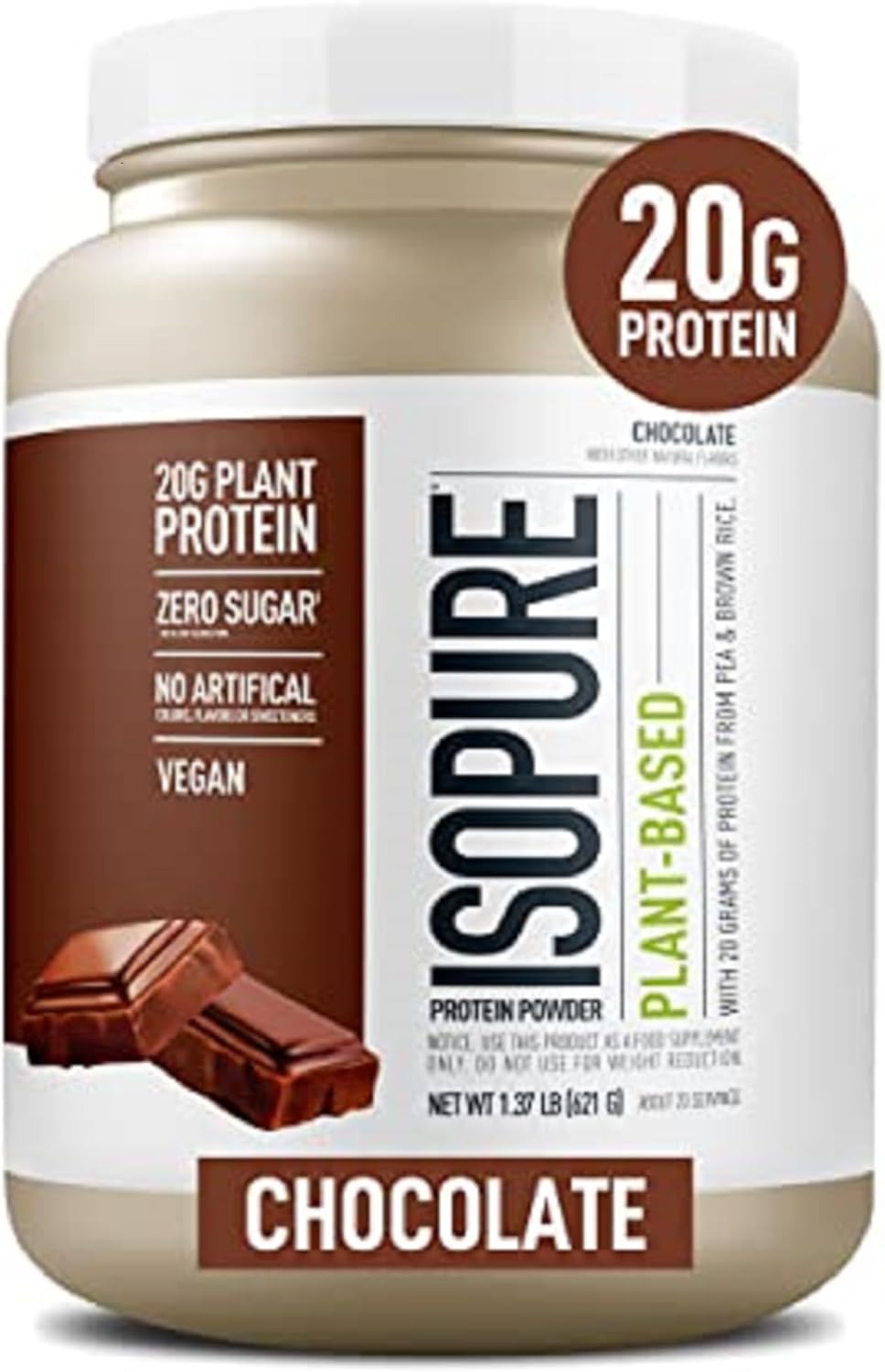 Chocolate Isopure Plant-Based Protein Powder - Lactose and Gluten Free with Iron - 20g Plant Protein Per Serving - 1.37 Lbs - 20 Servings