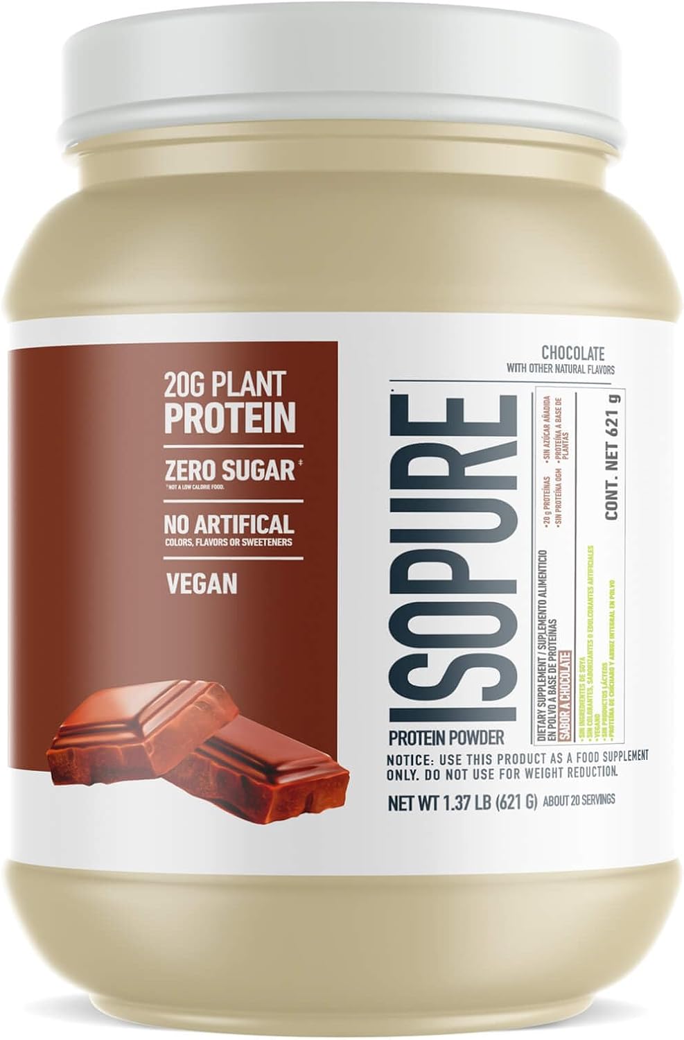 Chocolate Isopure Plant-Based Protein Powder - Lactose and Gluten Free with Iron - 20g Plant Protein Per Serving - 1.37 Lbs - 20 Servings