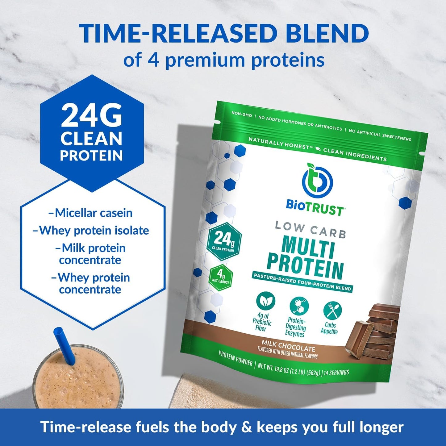 Chocolate Low Carb Protein Powder - Grass-Fed Whey & Casein Blend, Non GMO, Gluten Free