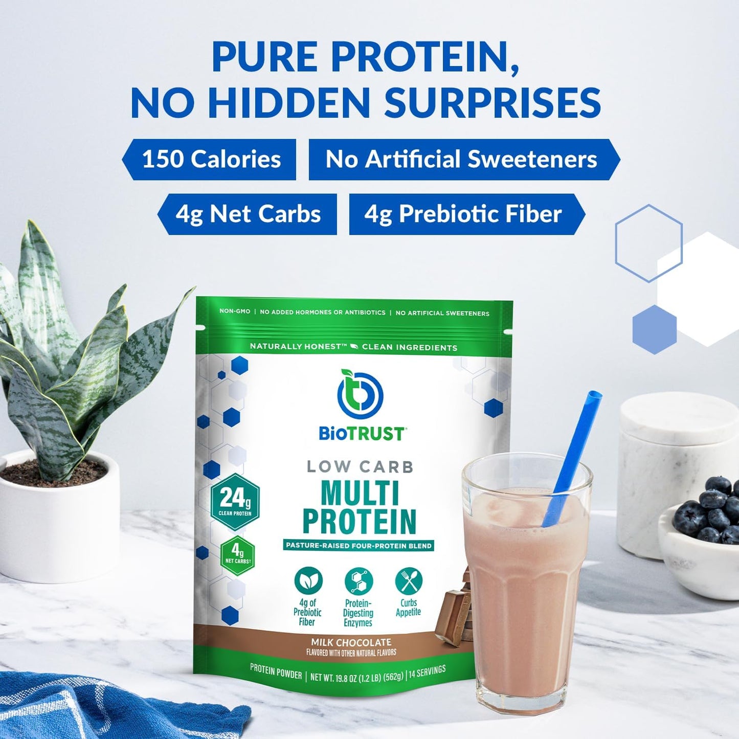 Chocolate Low Carb Protein Powder - Grass-Fed Whey & Casein Blend, Non GMO, Gluten Free