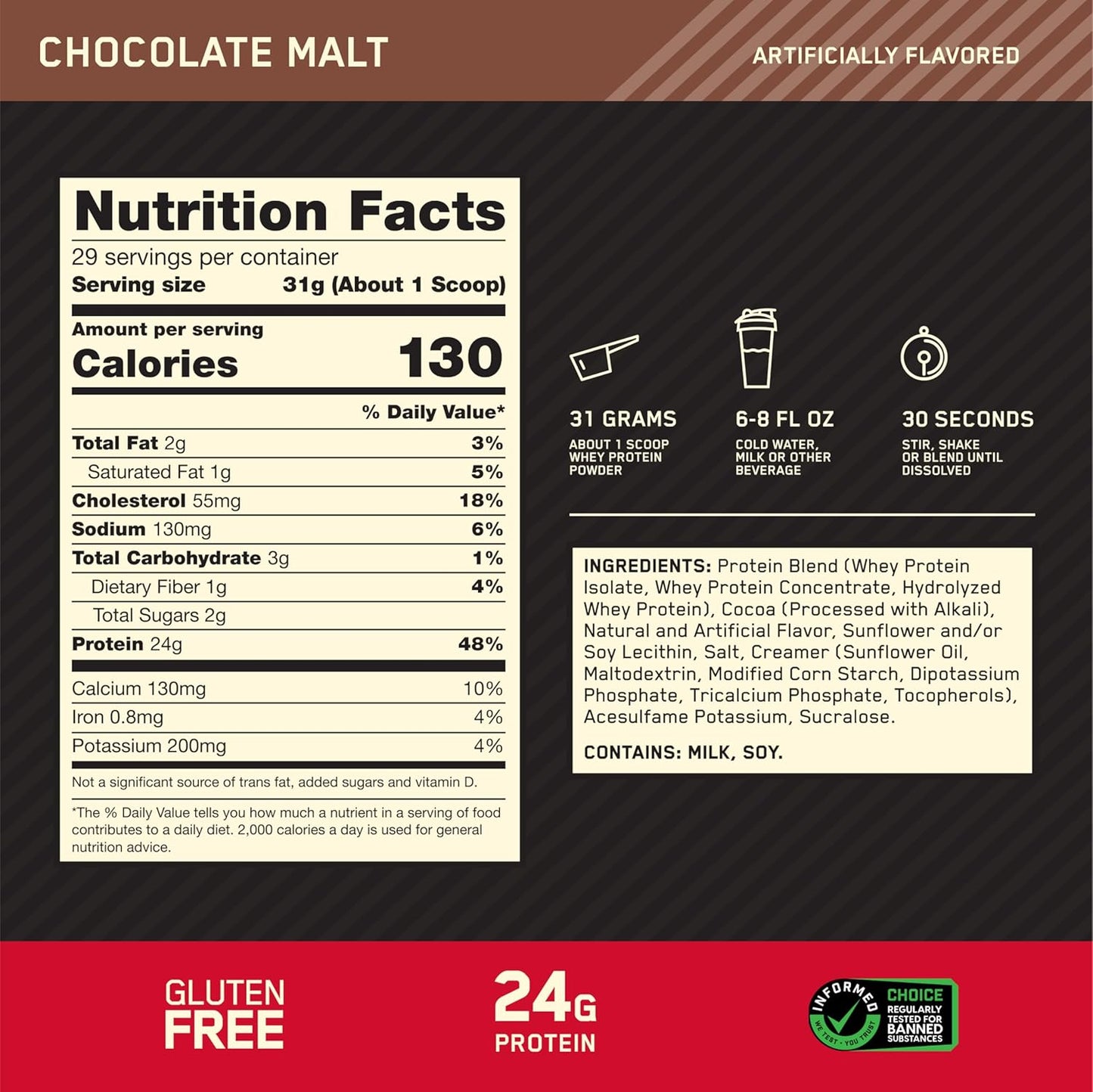 Chocolate Malt Optimum Nutrition Gold Standard 100% Whey Protein Powder - 2 Pound Pack