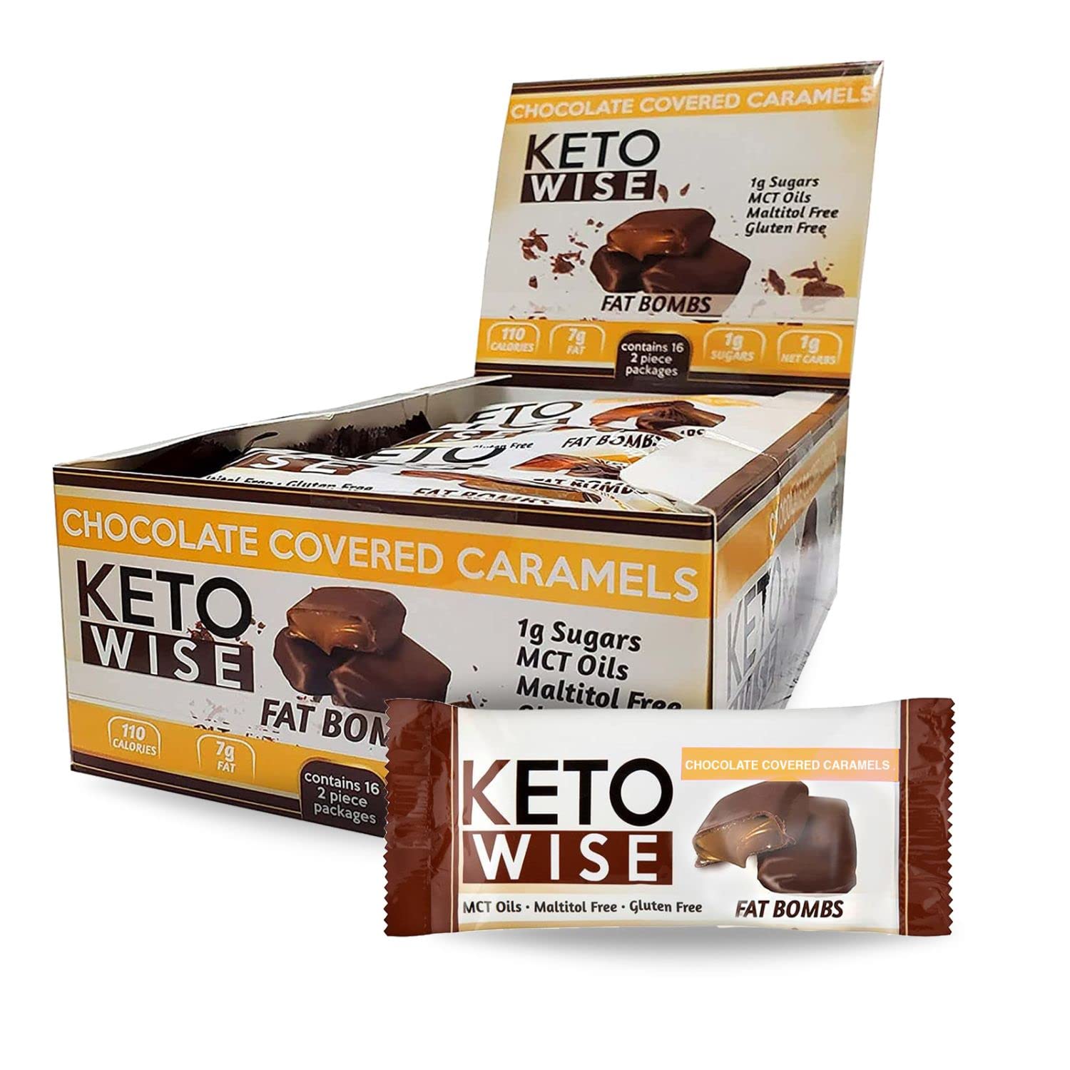 Chocolate MCT Oil Fat Bombs - Low Fat, Low Carb Keto Snack - 8g Fat, 2g Net Carbs - Chocolate Caramels, 2 Count (Pack of 16)