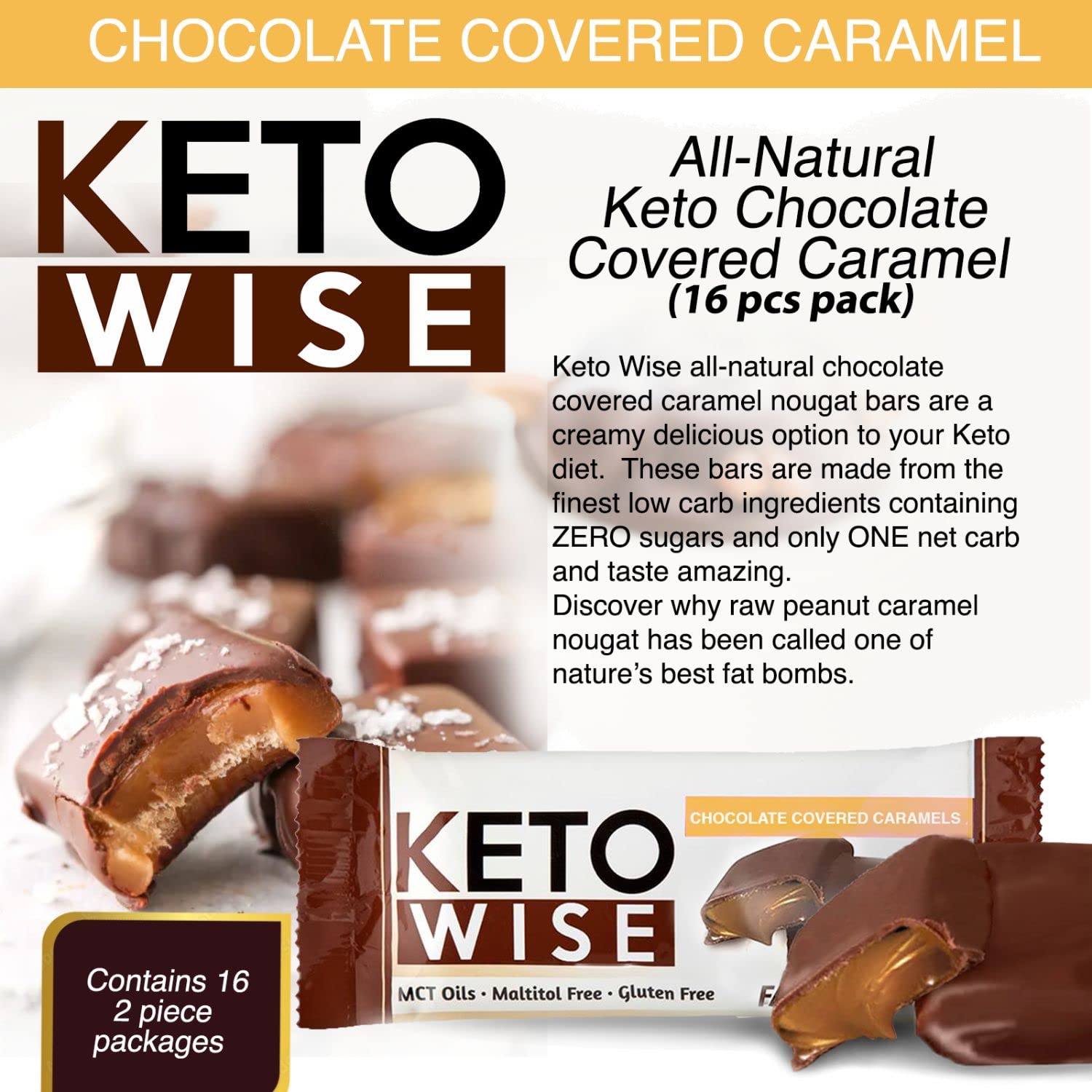 Chocolate MCT Oil Fat Bombs - Low Fat, Low Carb Keto Snack - 8g Fat, 2g Net Carbs - Chocolate Caramels, 2 Count (Pack of 16)