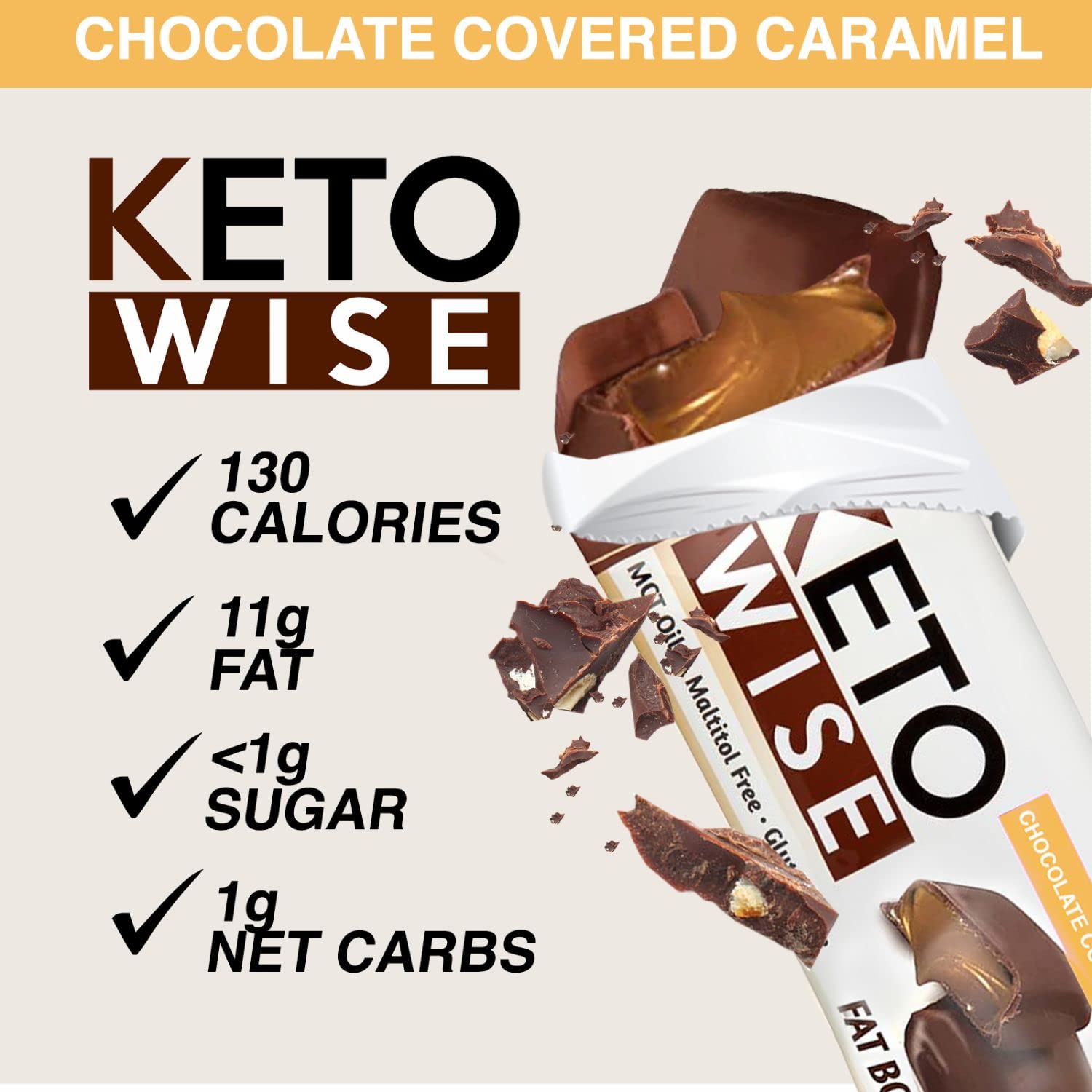 Chocolate MCT Oil Fat Bombs - Low Fat, Low Carb Keto Snack - 8g Fat, 2g Net Carbs - Chocolate Caramels, 2 Count (Pack of 16)