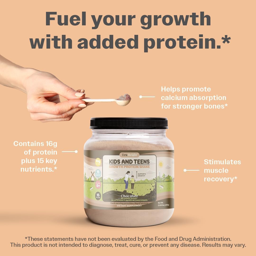Chocolate Milk Flavored TruHeight Growth Protein Shake for Kids & Teens - Pediatrician-Endorsed Natural Protein Powder for Growth & Development - Vitamins & Minerals for Picky Eaters - Ages 5+