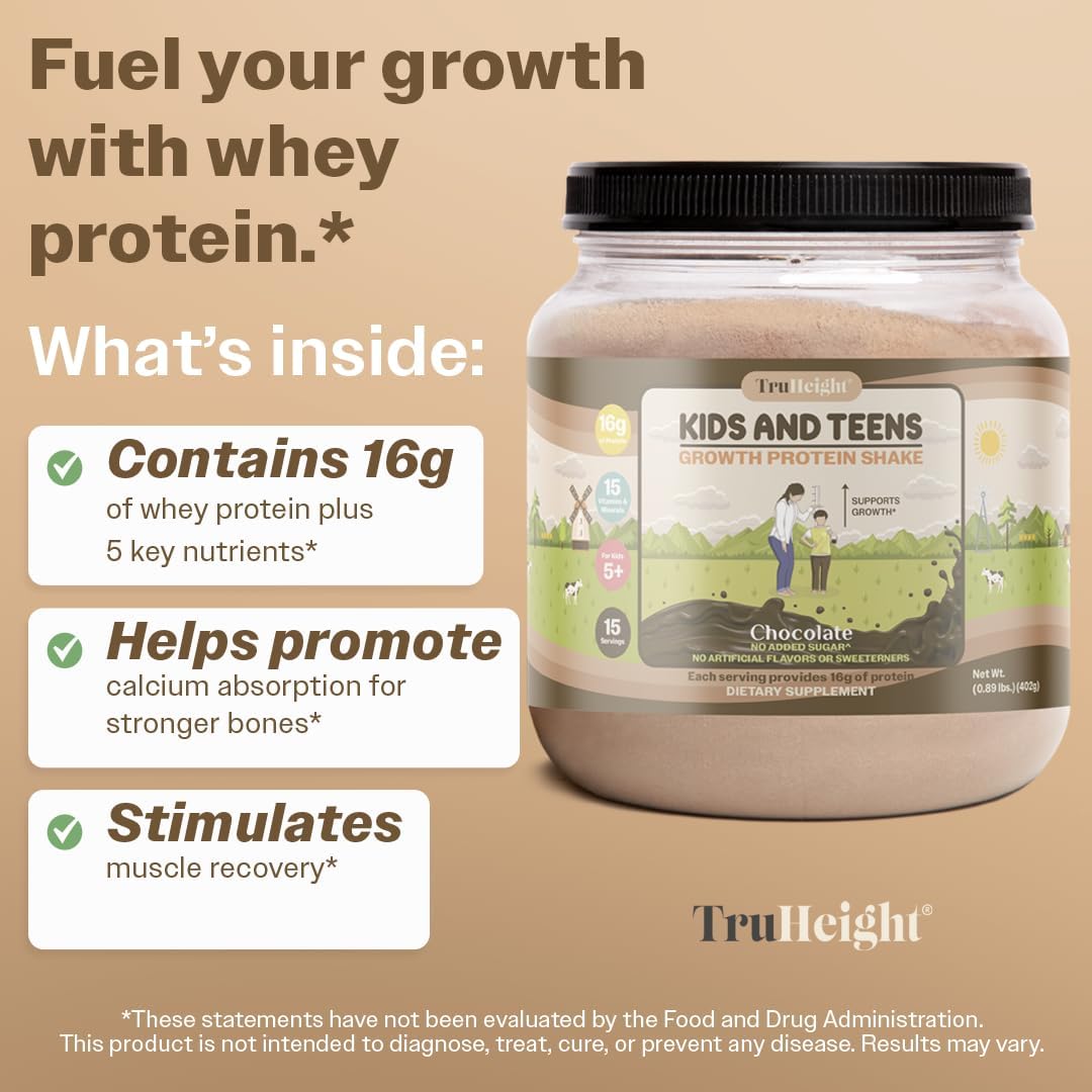 Chocolate Milk Flavored TruHeight Growth Protein Shake for Kids & Teens - Pediatrician-Endorsed Natural Protein Powder for Growth & Development - Vitamins & Minerals for Picky Eaters - Ages 5+
