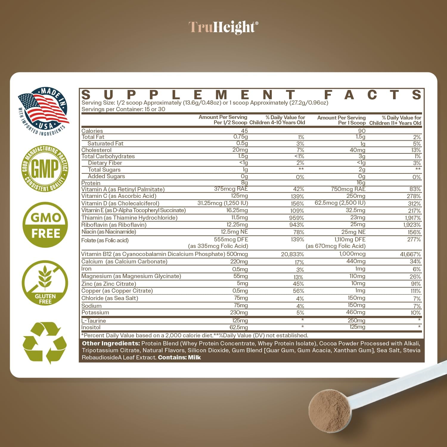 Chocolate Milk Flavored TruHeight Growth Protein Shake for Kids & Teens - Pediatrician-Endorsed Natural Protein Powder for Growth & Development - Vitamins & Minerals for Picky Eaters - Ages 5+