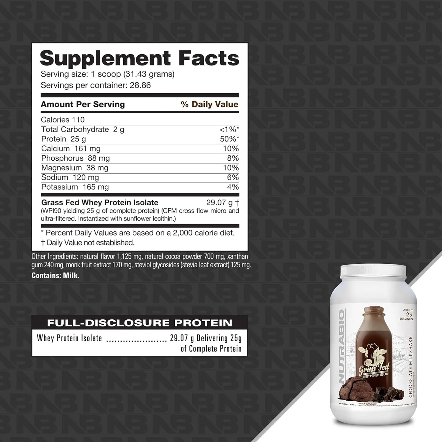 Chocolate Milkshake Grass Fed Whey Isolate Protein Powder - 25G Protein Per Scoop - Sugar Free Muscle Supplement - 2lb, 29 Servings.