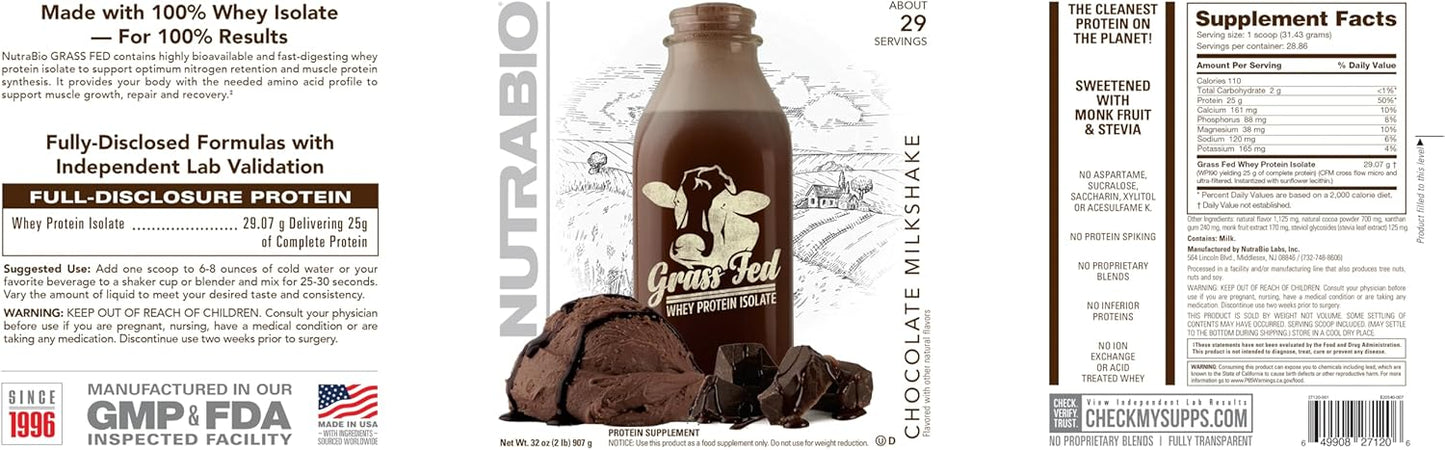 Chocolate Milkshake Grass Fed Whey Isolate Protein Powder - 25G Protein Per Scoop - Sugar Free Muscle Supplement - 2lb, 29 Servings.