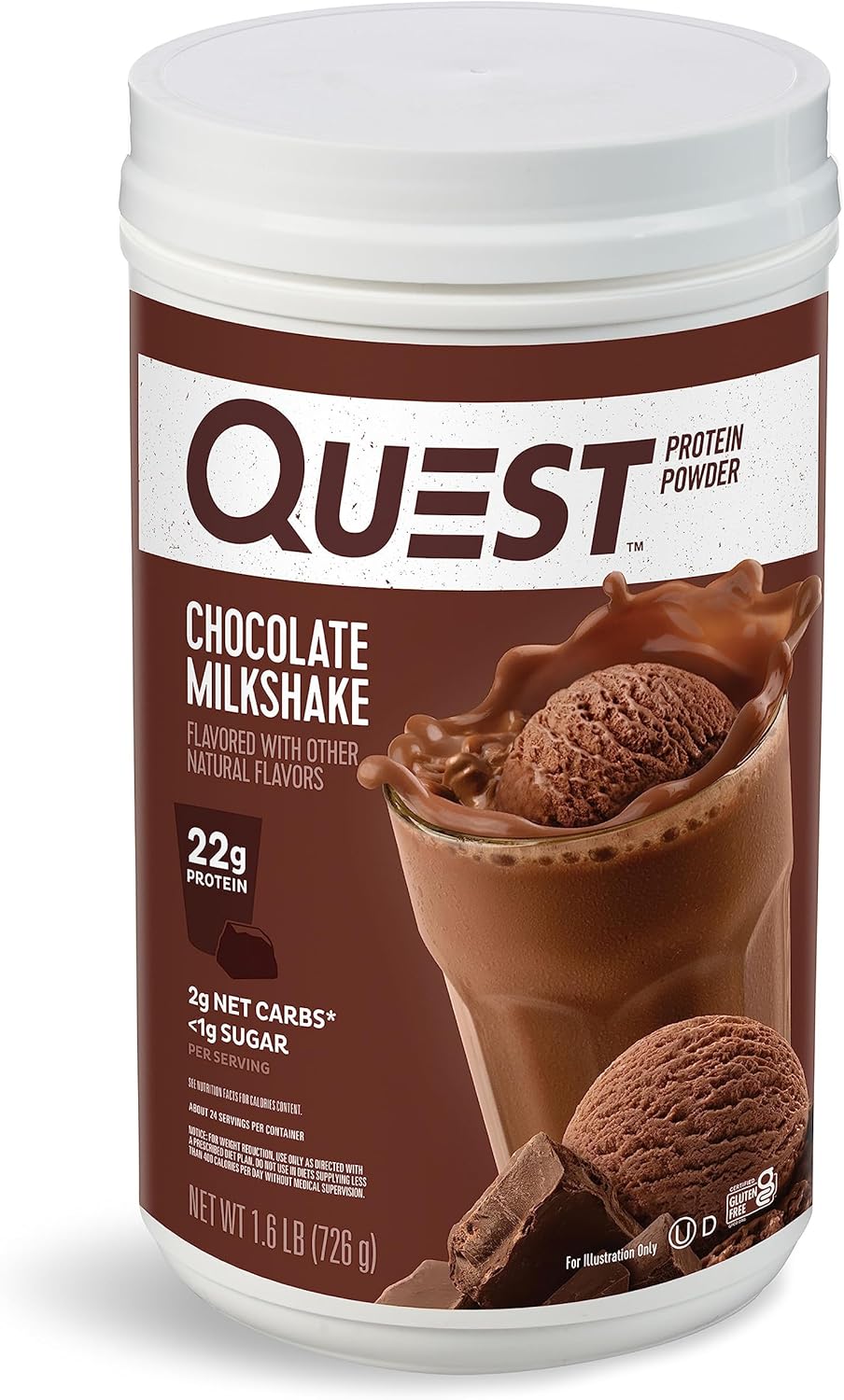 Chocolate Milkshake Protein Powder by Quest Nutrition - 22g Protein, 2g Net Carbs, 1g Sugar, Gluten Free - 1.6lb, 24 Servings