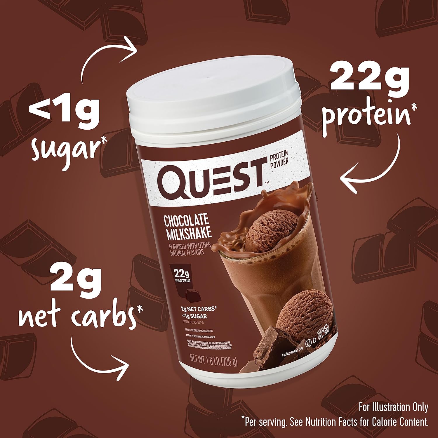 Chocolate Milkshake Protein Powder by Quest Nutrition - 22g Protein, 2g Net Carbs, 1g Sugar, Gluten Free - 1.6lb, 24 Servings