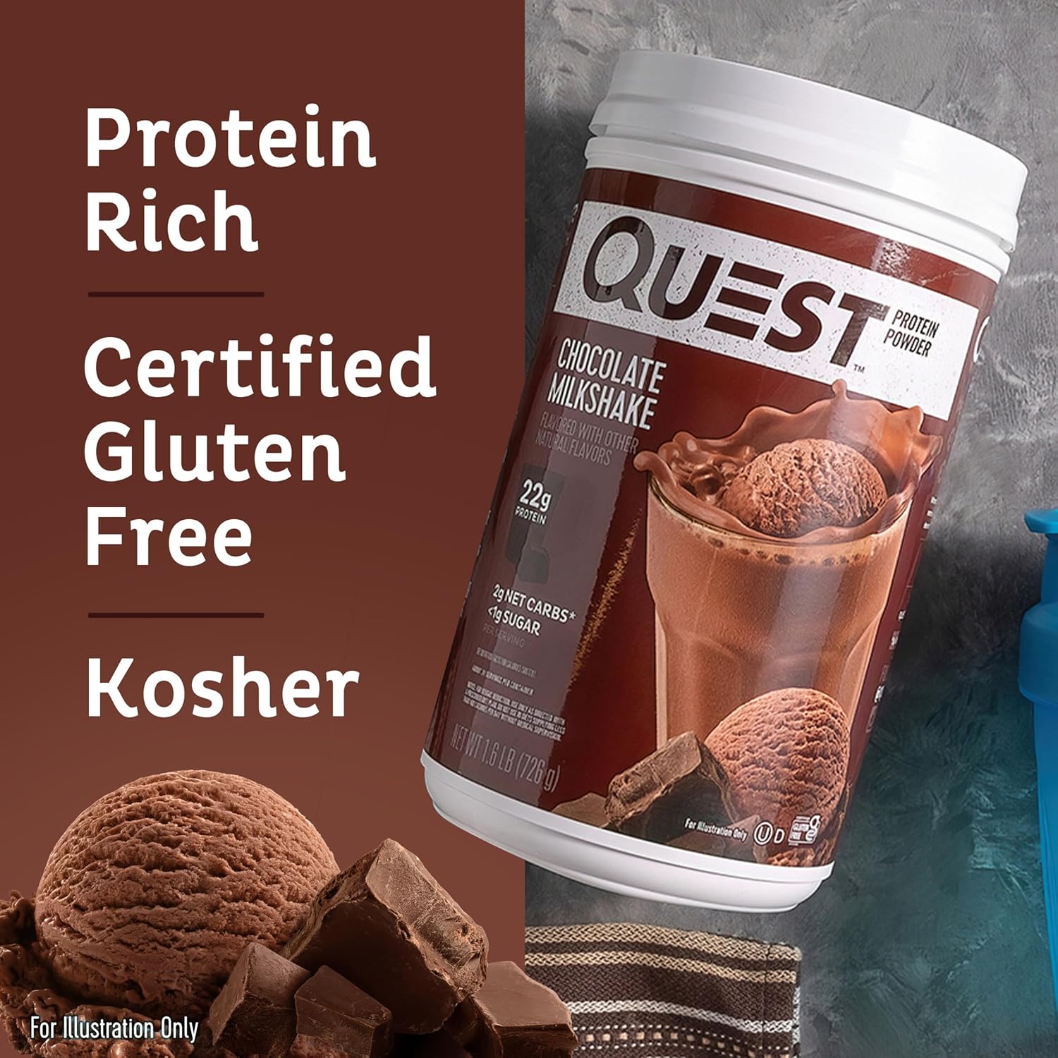 Chocolate Milkshake Protein Powder by Quest Nutrition - 22g Protein, 2g Net Carbs, 1g Sugar, Gluten Free - 1.6lb, 24 Servings