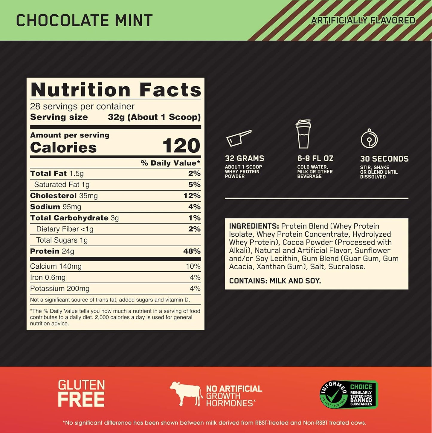 Chocolate Mint Optimum Nutrition Gold Standard 100% Whey Protein Powder - 2lb Pack