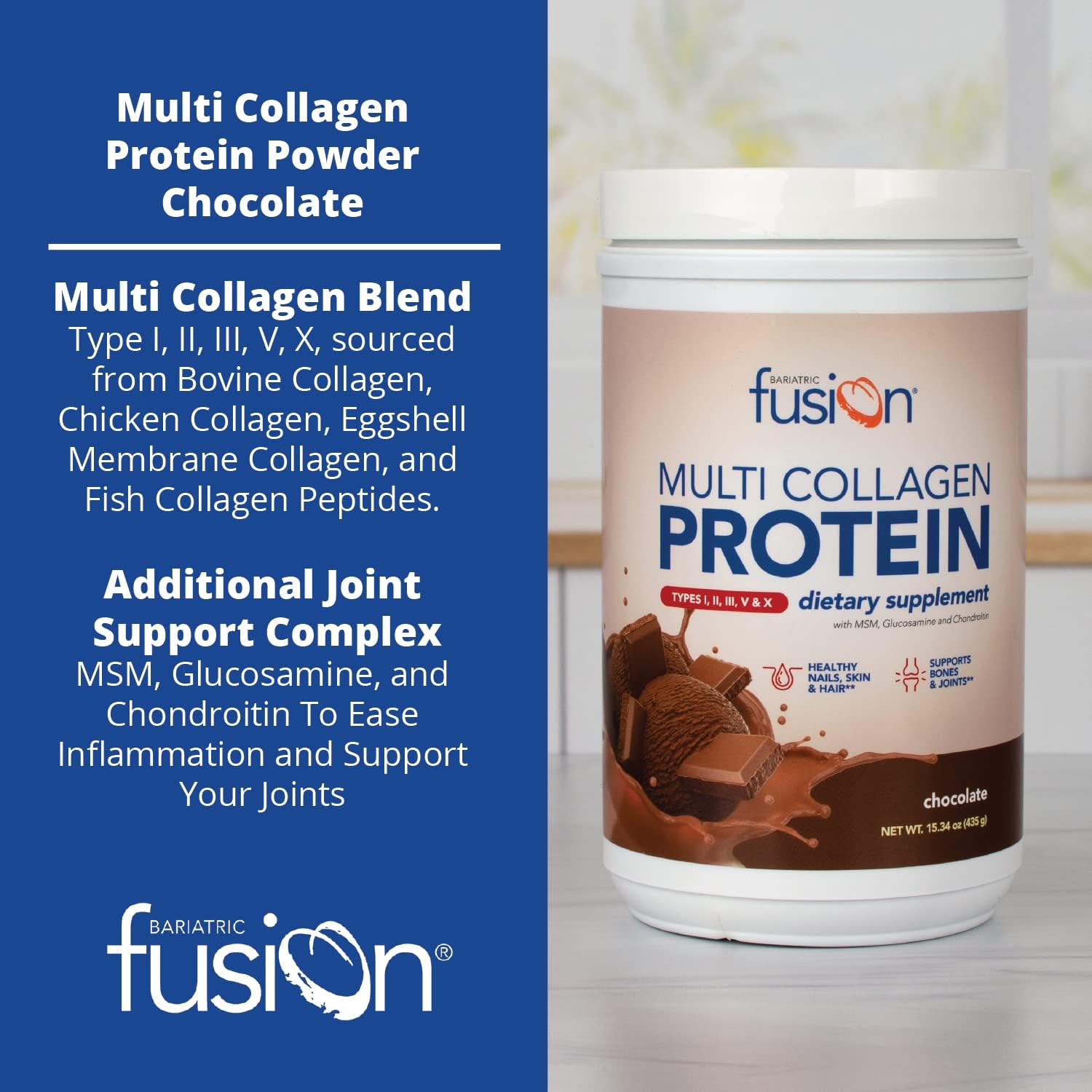Chocolate Multi Collagen Protein Powder with Joint Support Complex - Type 2 - Dairy, Gluten & Soy Free - 30 Servings