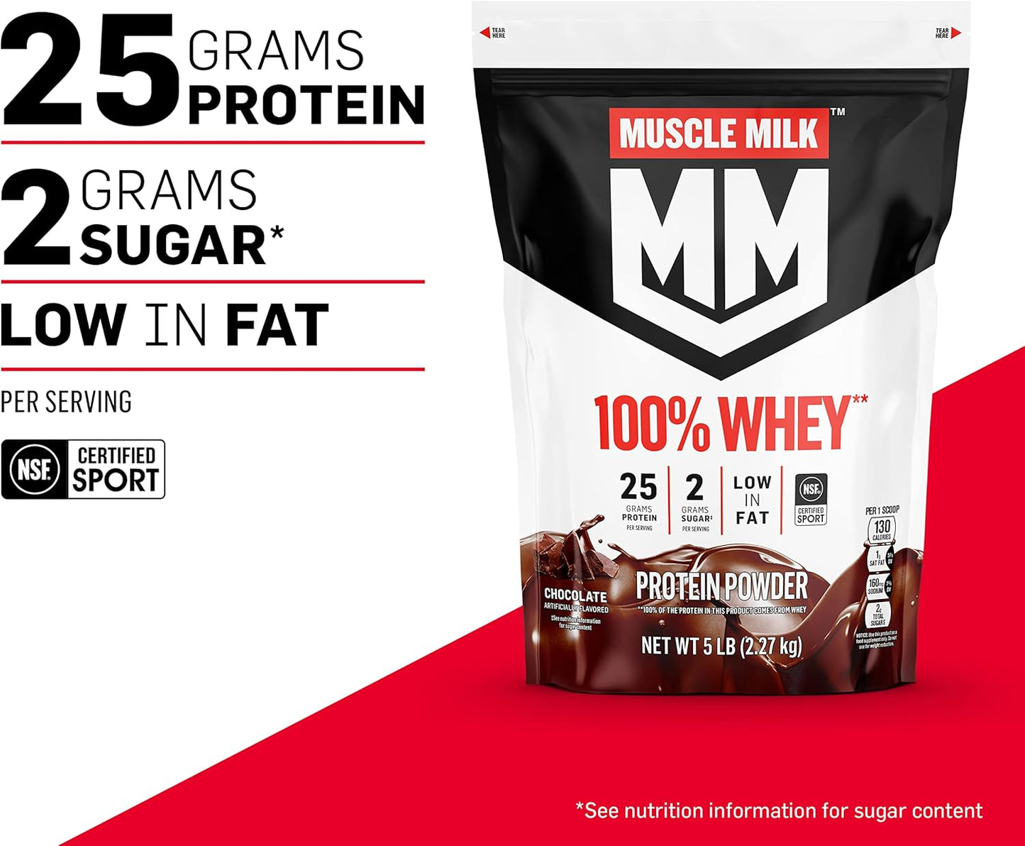 Chocolate Muscle Milk 100% Whey Protein Powder - 5lb Tub with 66 Servings, 25g Protein, Low Fat, NSF Certified, Energizing Snack for Workout Recovery - Packaging Varies